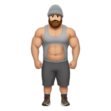 Fat Muscle builder in grey sweats no shirt brown and brown beard Red winter hat drinking sticker