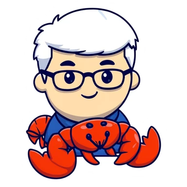 senior lobster with white hair and glasses, elderly lobster character with white eyebrows and whiskers, wearing round glasses sticker