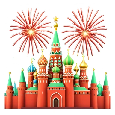 Apple style 3D emoji of New Year fireworks over Moscow. Vibrant multi-colored sparkling bursts (red, gold, green) in the sky. Below, a simplified glossy 3D silhouette of the Kremlin towers with glowing red stars. 
в более пастельных оттенках sticker