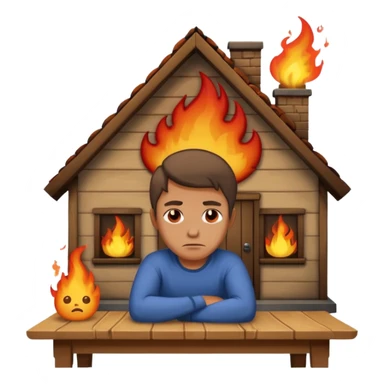 a man sits sadly at a table, a house with dramatic flames and smoke behind him, apple style emoji sticker