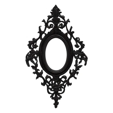 "Design a Victorian Gothic mirror with an ornate black frame featuring scrollwork and filigree. Include accents of dark red and burnt pink. The mirror glass should be gray, creating a mysterious and somber look." sticker