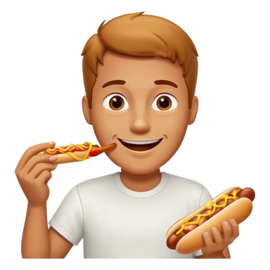 A man eating a chili-covered hot dog with delighted eyes.






















 sticker