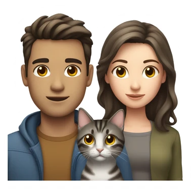 a brunette guy with fair skin, next to him a brunette girl with fair skin and between them a gray tabby cat sticker