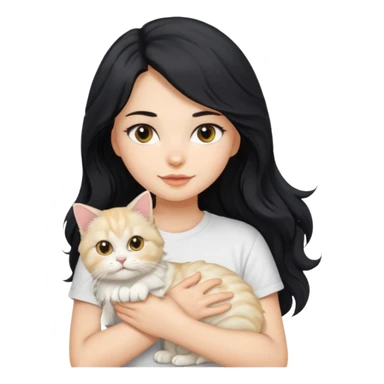 a girl with long wavy black hair using a white t-shirt holding a blonde persian cat sticker