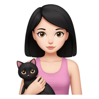 pretty woman with black hair and brown eyes, wearing a pink tank top, holding a black cat, simple and cute sticker