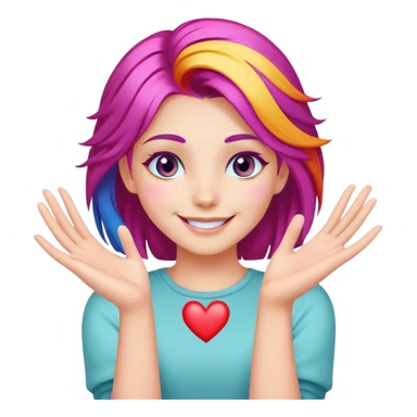 chica de cabello colorido y ojos coloridos sonriendo mientras crea un corazón con sus manos sticker