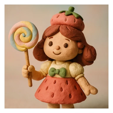 little girl in a strawberry shortcake dress, holding a candy wand, pastel background, claymation style sticker