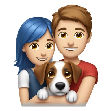 a girl with brown hair and blue eyes hugs a dog of the Jack Russell Terrier breed, white and red sticker