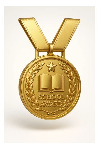 gold medal-style emblem with a ribbon, representing a distinguished school award, shiny and ornate sticker