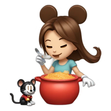 Woman medium brown half tail hair,eating A pot of spread,  with mickey mouse ears, near to a cat sticker