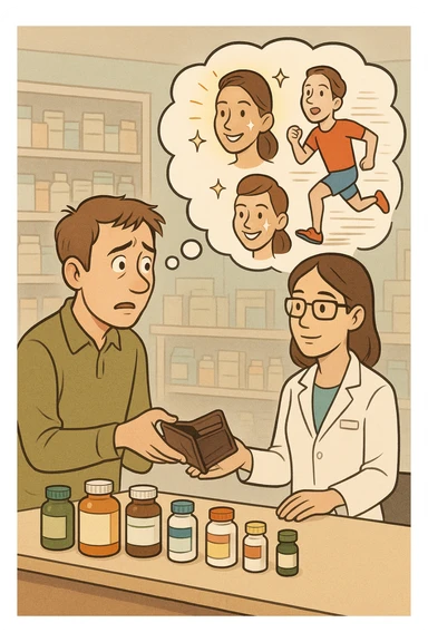 a man stands at a pharmacy counter, handing over a nearly empty wallet to the cashier while the counter is filled with bottles of supplements and vitamins. His expression is hopeful but slightly anxious. In the background, a thought bubble shows exaggerated images of instant health and fitness, symbolizing unrealistic expectations.  sticker