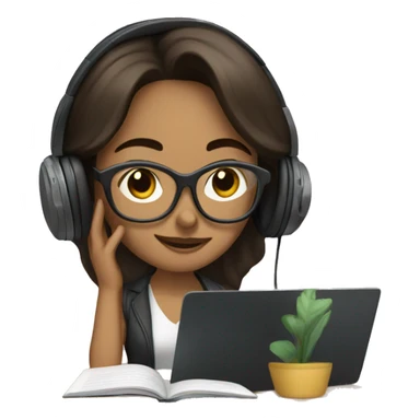woman with long dark brown hair and clear glasses studying with headphones on sticker