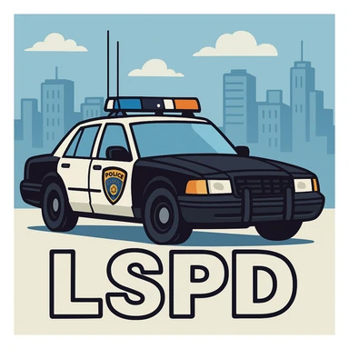 Make the police car black and white, add a city background, and add the caption 'LSPD' in a cartoon style. sticker
