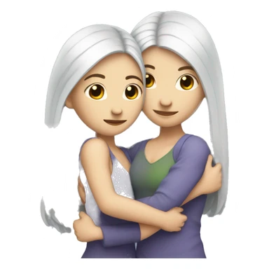 A lesbian couple with white skin and long black hair hugging intimately sticker