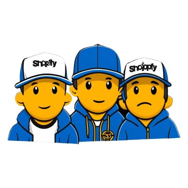 the Beastie Boys wearing hats with the Shopify logo sticker