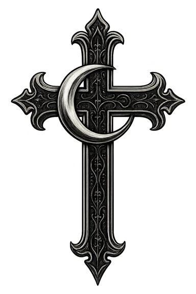 gothic style black and silver cross with a crescent moon sticker