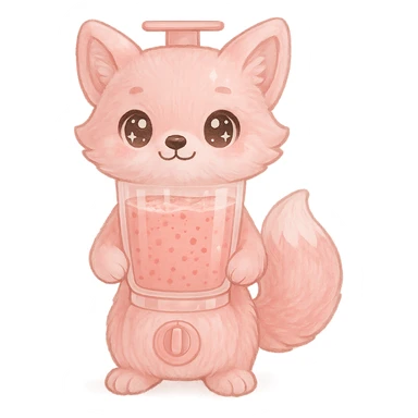 Enhance the image to high quality, keeping it as a full-body soft kawaii fluffy fox blender with a transparent body showing a fruity smoothie inside, sparkling eyes, pastel pink colors, and a transparent background. Maintain the soft kawaii style and fluffy texture with a clear transparent effect on the body to show the smoothie inside. The eyes should sparkle with charm and the overall look should be pastel pink and adorable. sticker