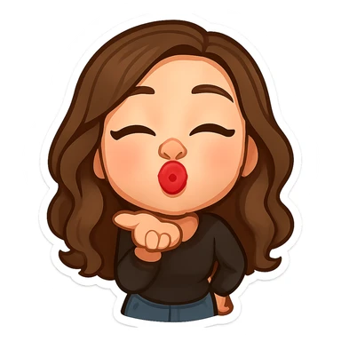Create a 3D chibi bitmoji style sticker of the girl from the reference image, preserving the same face, hair, and style. She is kissing the viewer directly, with lips close to the screen as if kissing the camera. The sticker should have a white outline and a transparent background. sticker
