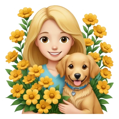 A girl is holding a golden retriever in the flowers sticker