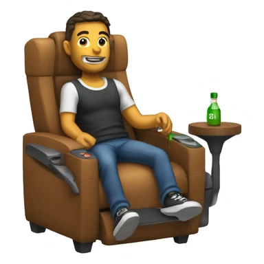 guy in gaming chair with arm rests holding a bottle sticker