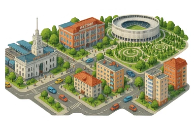 Изометричная миниатюрная фотореалистичная 3D модель панорамы Краснодара - вокзал Краснодар, КубГМУ, парк Краснодар со стадионом, краснодарские дома, автотранспорт четкие линии, яркие цвета, мультяшный реализм, люди, автотранспорт, компактная композиция, вид сверху в изометрии, прозрачный фон sticker