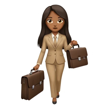 dark brown woman with dark brown long length straight hair in an executive tan suit carrying one briefcase sticker