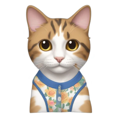 Purradise Meowscles is a buff calico cat  he has a mullet, a floral designed t shirt that is unbuttoned and blue and white stripped shorts sticker