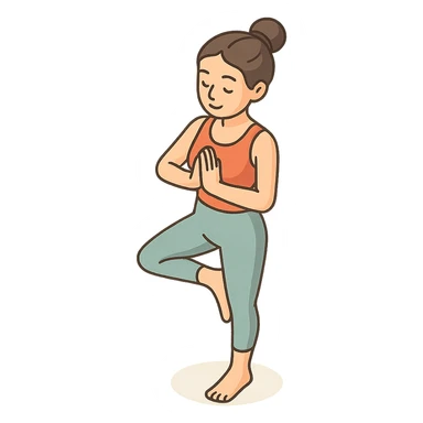 girl in cute yoga outfit performing tree pose (Vrikshasana), 2D isometric style, very detailed drawing, shadows and highlights, clean contours, soft lighting, transparent background sticker