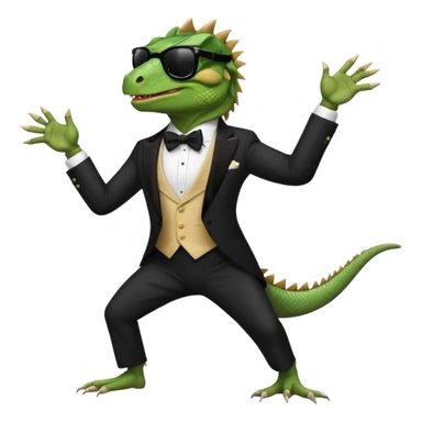 capitalist iguana in tuxedo with black sunglasses dancing sticker