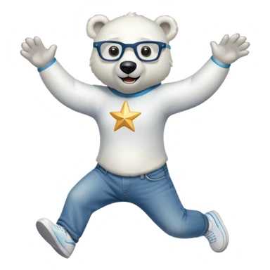 friendly anthropomorphised polar bear jumping and looking excited, wearing a shirt, jeans, trainers, star-shaped glasses sticker