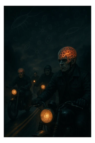 Gruppo di motociclisti su strada, volti impassibili o con espressioni rischiose e prive di paura, mentre affrontano curve pericolose. Atmosfera surreale, con ombre o simboli astratti che rappresentano la toxoplasmosi (come parassiti invisibili nel cervello). Effetti visivi sul cranio o sulla testa che mostrano come l’infezione alteri il senso del pericolo. Scene dinamiche ma inquietanti, cielo scuro e simbolismo neurologico. sticker