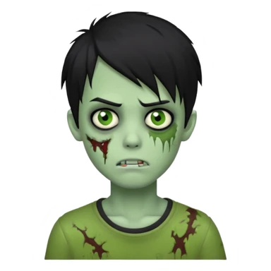 boy zombie with black hair, emo hairstyle covering one eye, pale green skin sticker
