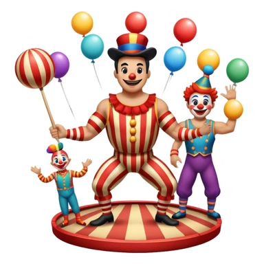 Icon for Circus Arts: a vibrant round circus arena with a strongman in a striped costume,  juggler and a clown performing. The icon should convey the excitement and fun of circus performances, with focus on the performers and the colorful setting. Transparent background. sticker