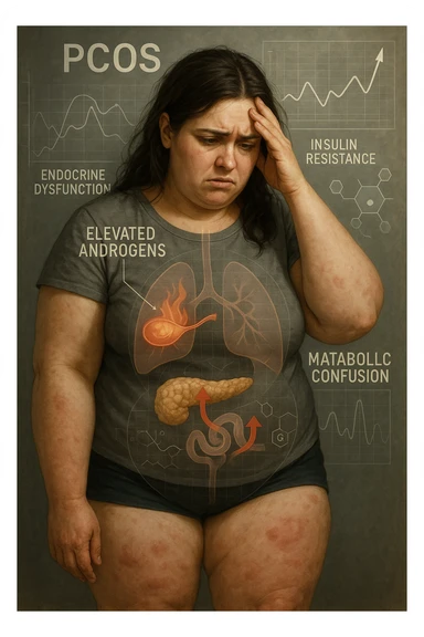 cinematic realistic in italiano Woman with PCOS struggling with hormonal chaos, transparent overlay showing elevated androgens and insulin resistance affecting her body, lipedema causing disproportionate fat accumulation in legs and arms despite normal torso, expression of frustration with unexplained weight gain, medical charts showing complex endocrine dysfunction, painful swollen limbs contrasting with metabolic confusion scrivi in italiano sticker