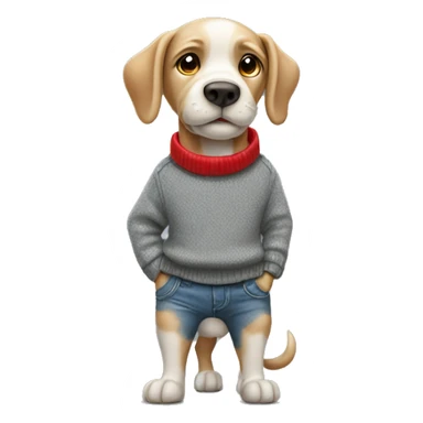 Dog in a grey jumper with his hands in his pockets with jeans and red shoes sticker