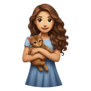 A girl with long wavy brown hair and brown eyes holds a small red kitten sticker