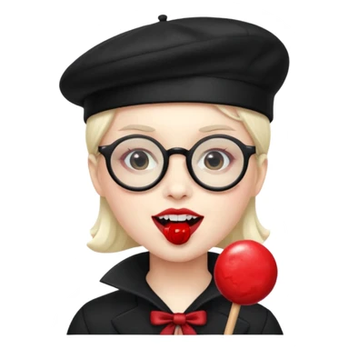Vampire with lollipop, beret and glasses, teeth looks like vampire sticker