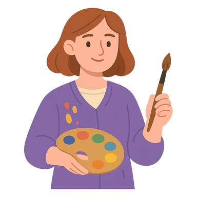 Serene female oil painter, Caucasian features, shoulder-length auburn hair, soft brown eyes, gentle smile, wearing a violet painter’s smock lightly stained with paint over a beige blouse, holding a wooden palette with vibrant colors in one hand and a brush in the other, waist-up, front-facing sticker