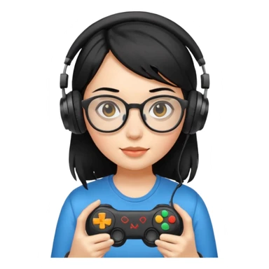 
gamer, black hair girl with glasses, headphone, gamepad sticker