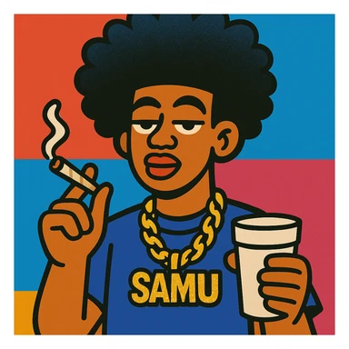 person with a high curly afro, sparkling 'samu' chain, holding a styrofoam cup and a joint, colorful urban art style sticker