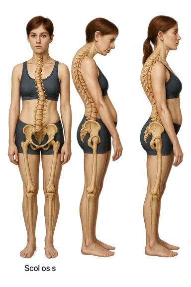 fai un immagine identica che riguarda 3 posture scorrette: scoliosi, ipercifosi e iperlordosi. falla iperrealistica anatomica in 4k con spina dorsale storta in evidenza su ogni figura sticker