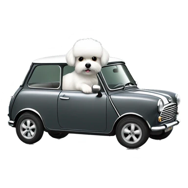 little white fluffy dog driving a dark- gray retro mini cooper 1600 CS with black wheels sticker