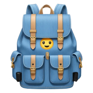 An emoji-style blue denim backpack with a flap top. Two short black buckle straps are attached only at the top flap, not extending to the bottom. The front is clean with no pockets or extended straps. The backpack has two side pockets. Flat, minimalist, cartoon icon.


 sticker