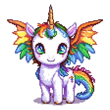 dragon with big eyes, large rainbow wings, and a unicorn horn sticker