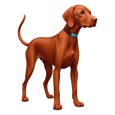 cinematic-[Vizsla-realistic-full-body-standing-emoji,-tail-resting-loosely-beside-its-paws,-head-tilted-dramatically, -sleek-[red]-fur,-simplified-yet-realistic-focused-features,-highly-detailed,-glowing-with-an-almost-sarcastic-glow sticker