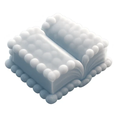 top view of a thick open book made entirely of small, very bright white fluffy convex clouds, matte glass style sticker