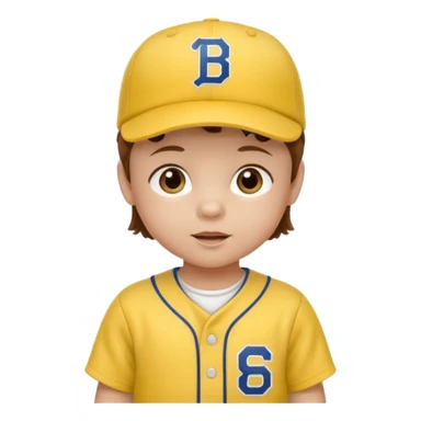 brown hair baby with yellow baseball ersey and hat sticker