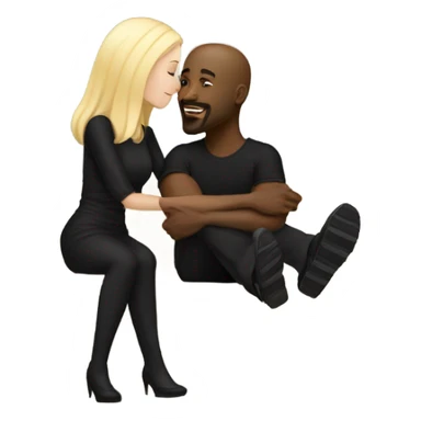 Blonde woman with blue eyes and long straight hair wearing a short black dress and a black man who is bald with a goatee seated together on a sofa enjoying a loving kiss.   sticker