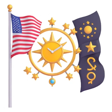 flag with celestial and time-related symbols, blending Chronos and Olympian god themes, in a modern emoji style sticker