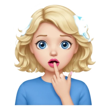 Girl Blonde short wavy hair,  blue eyes, cute blue top, long lashes, pink lips, shocked, hand over the mouth sticker